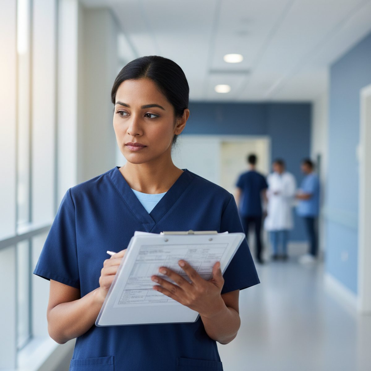A focused nursing student reviewing NCLEX prioritization questions on a tablet with a stethoscope nearby.