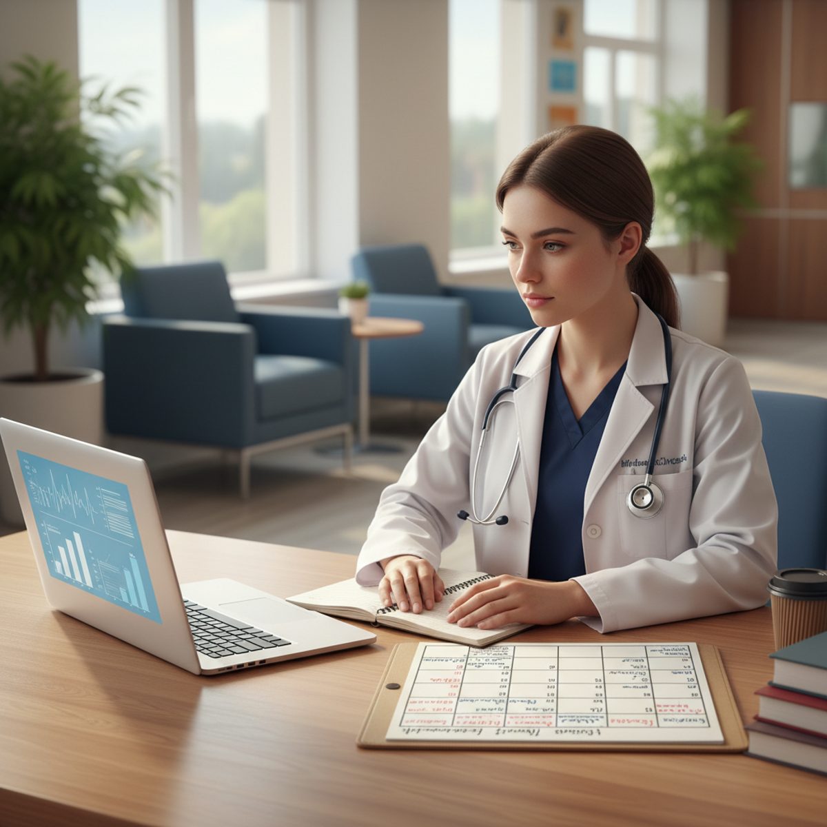 A focused nursing student using a 2 week NCLEX study plan with a laptop and stethoscope nearby.